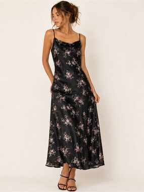 Versona Black Floral Satin Slip Dress Maxi Cowl Neck Adjustable Straps Size L